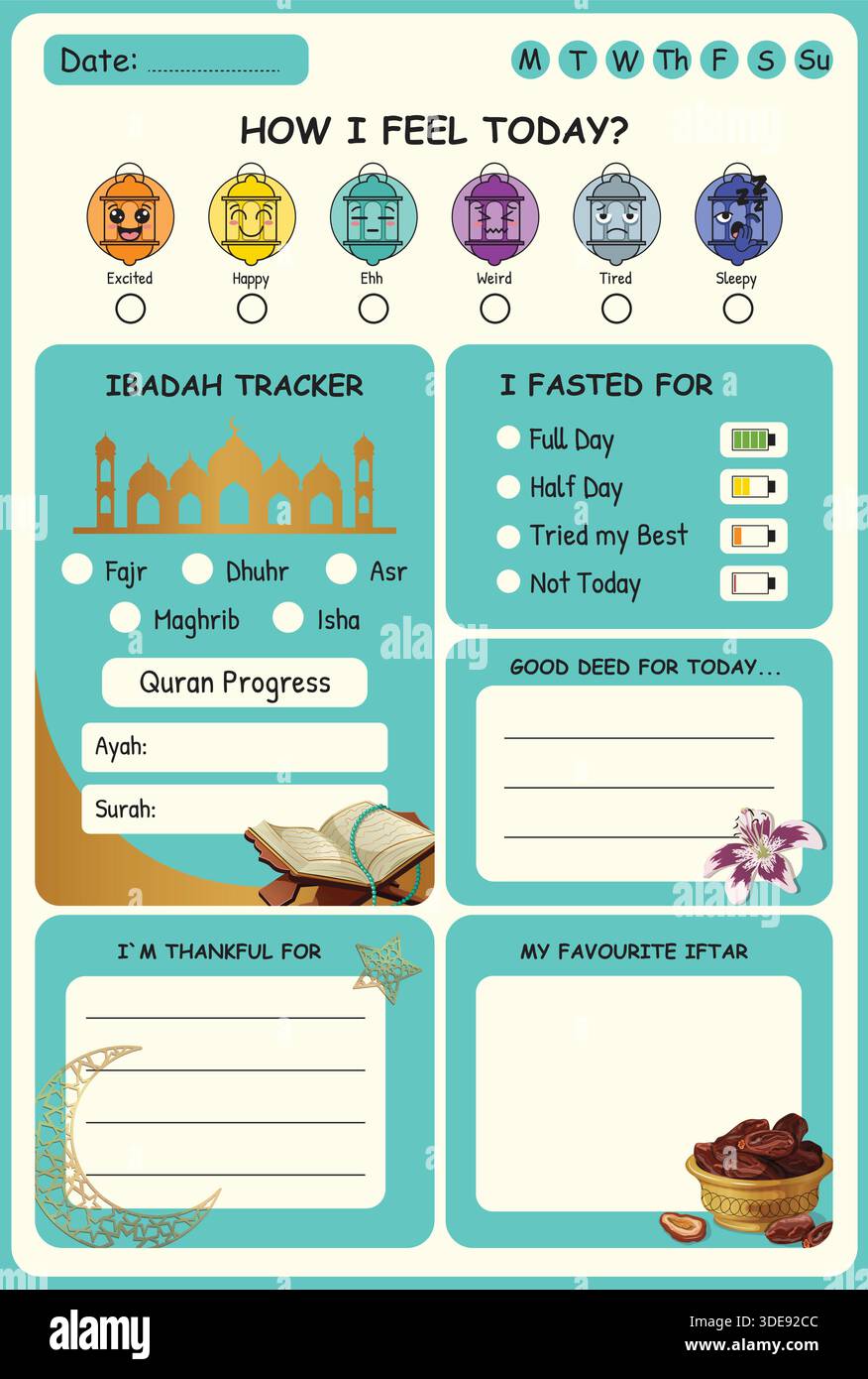 Türkisfarbener Ramadan Tagesaktivitätsplaner für Kinder. Ibadah, Tore, Laternen mit Emojis und Illustrationen von Moschee, Datteln, Blume Stock Vektor