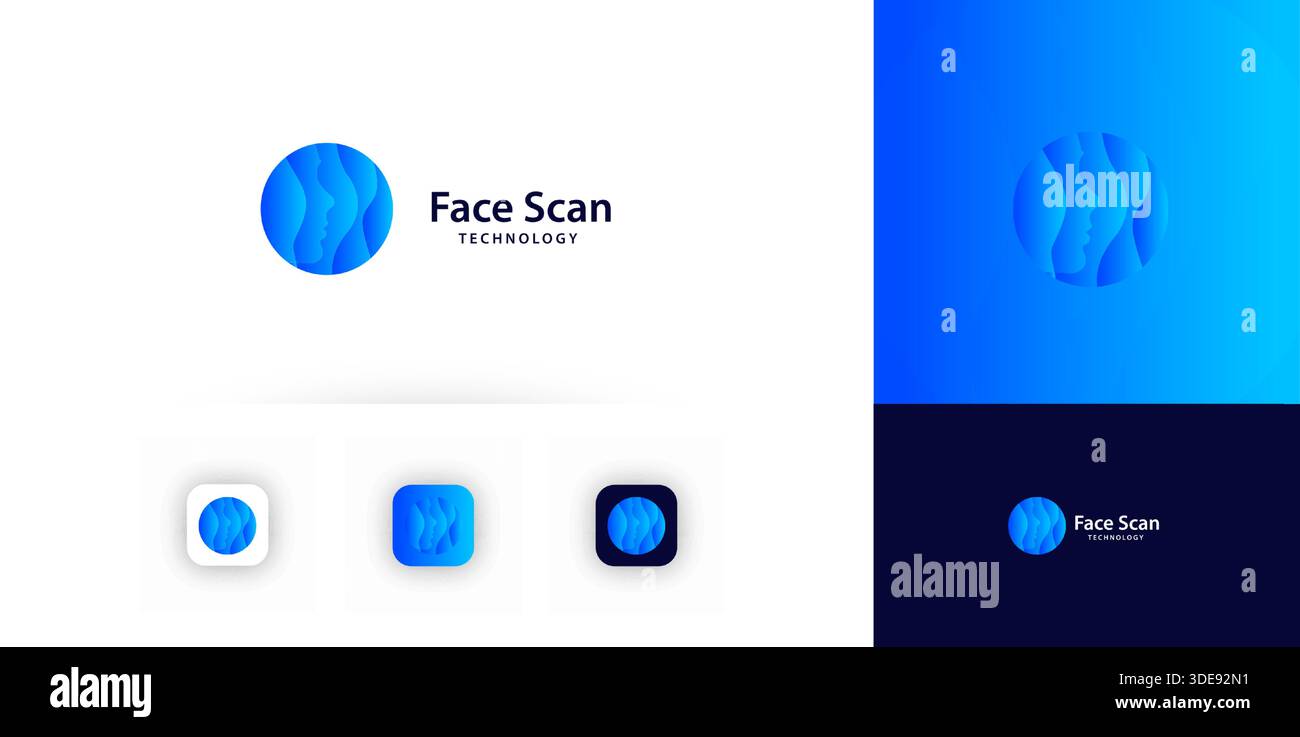 Face Scan Technologie Logo biometrischer sicherer Zugriff, digitale Identitätsanmeldung, Cyber-Sicherheit, Plastische Chirurgie. Technologien für die KI-Anerkennung Stock Vektor