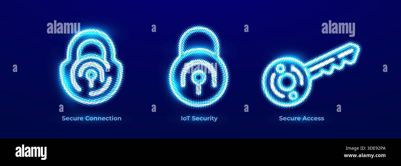 Sichere Verbindung Netzwerkschutz Symbolgruppe Für Drahtlose Authentifizierung. IoT Security Smart Device Encryption Firewall Neon Logo. Sichere Zugriffsidentität Stock Vektor