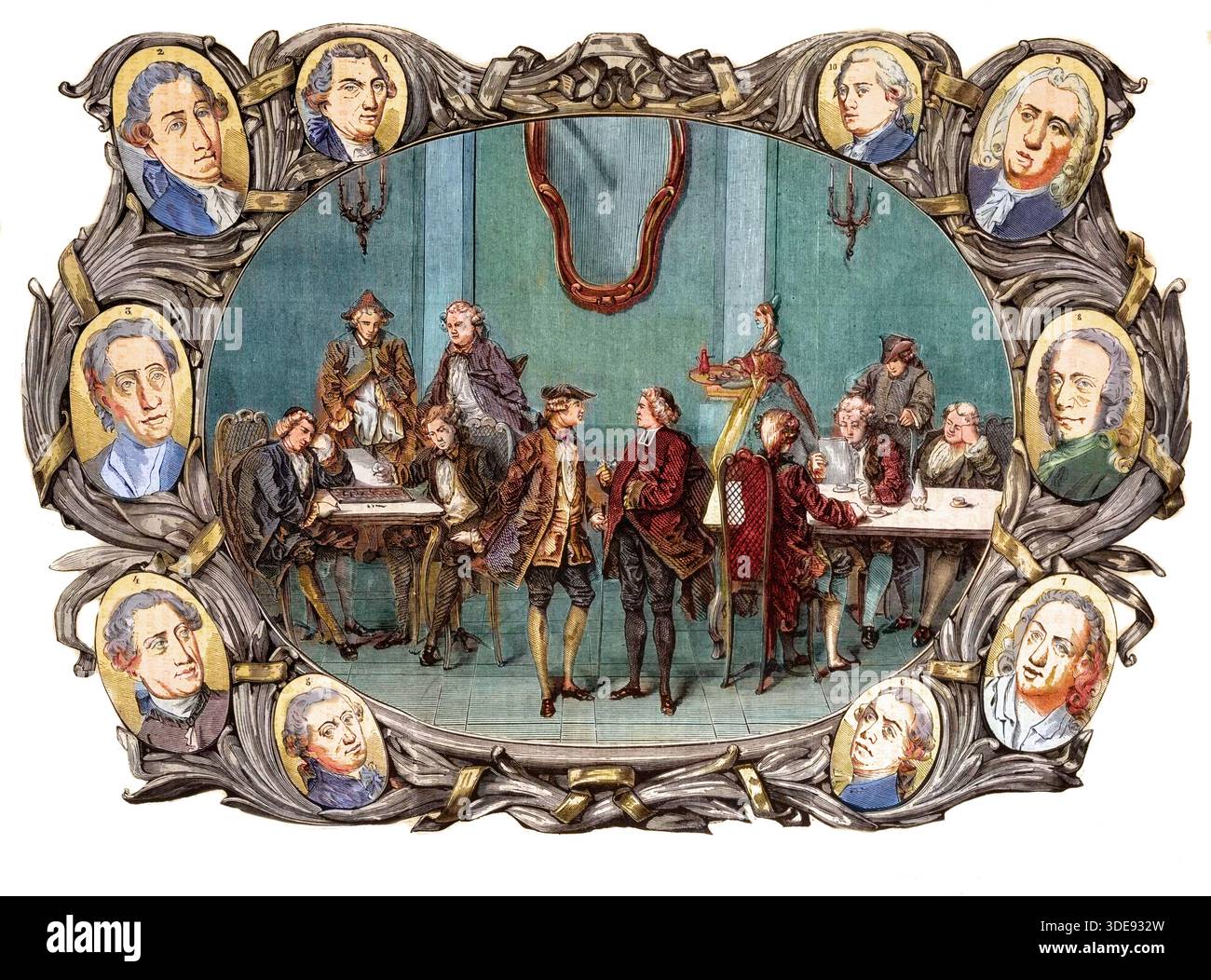 Paris - das Café 'Procope' im XVIII. Jahrhundert von rechts nach links, in den Medaillons Georges Louis Leclerc, Comte de Buffon, Nicolas Joseph Florent Gilbert, Denis Diderot, Jean le Rond d'Alembert, Jean Francois Marmontel, Lekain (Henri Louis Cain, Jean-Jacques Rousseau, Francois-Marie Arouet de Voltaire, Alexis Piron, Paul Enbarving von Kretz, Paul Engraving) Stockfoto