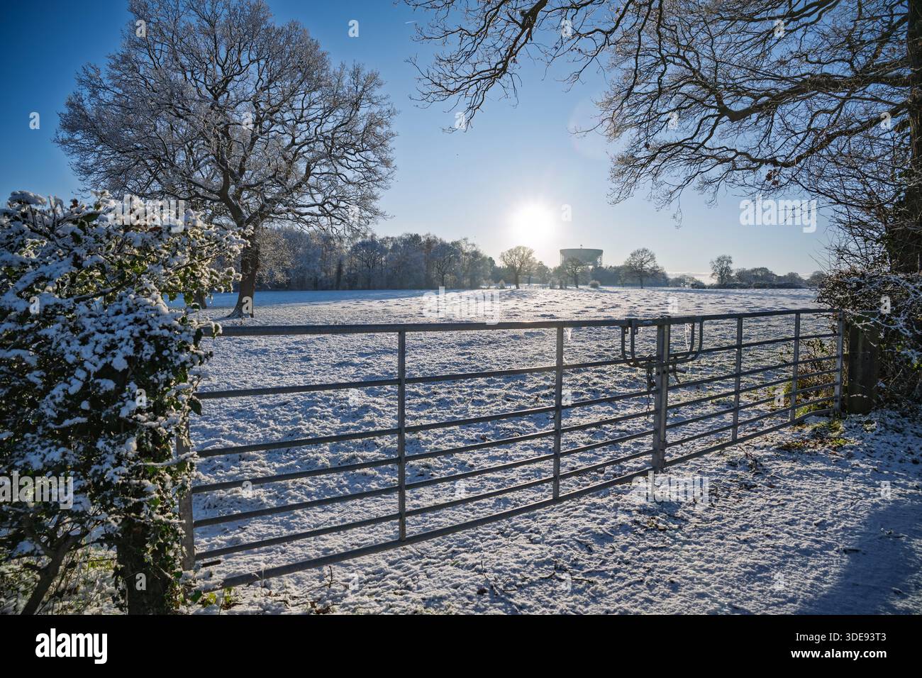 Die Radiofernsehstation der Jodrell Bank an einem schneebedeckten Wintertag in Goostrey Cheshire. Ein Teil der Manchester Univers Stockfoto