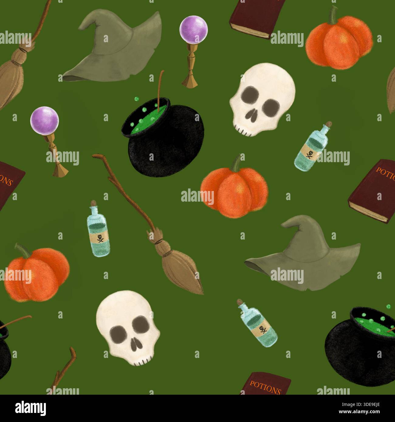 Nahtloses Muster mit Kürbissen, Schädeln, Tränkflaschen und Besen. Flache Illustration geeignet für Halloween-Verpackungen, Geschenkpapier, Textildrucke, Stockfoto