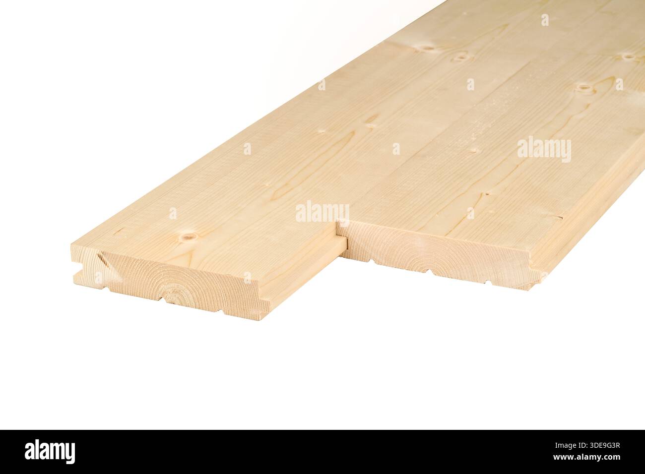 Zwei Holzdielen mit Nut- und Federfugen, ideal für Bodenbeläge oder Verkleidungen Stockfoto