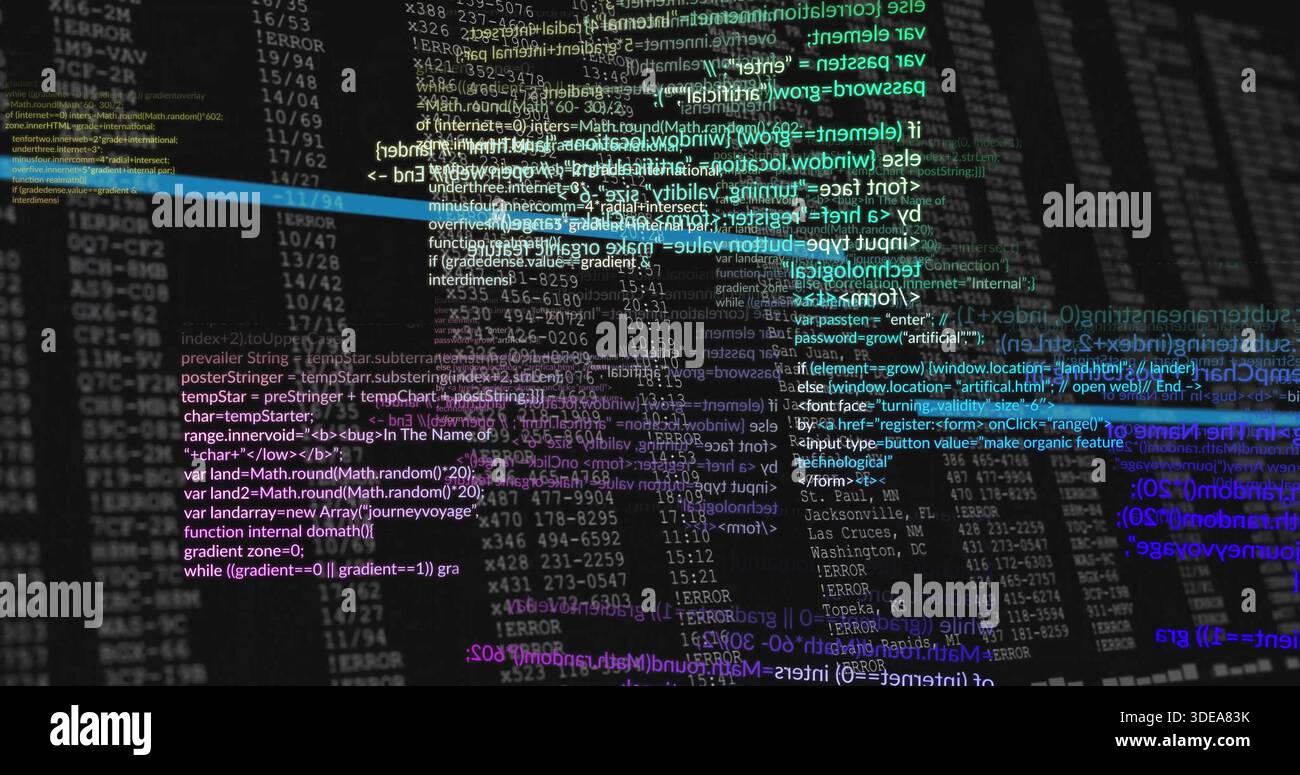 Schwungvolle, mehrfarbige, gekrümmte Codebänder, die über dunkle Konsolenanzeige mit Terminalprotokollen laufen Stockfoto