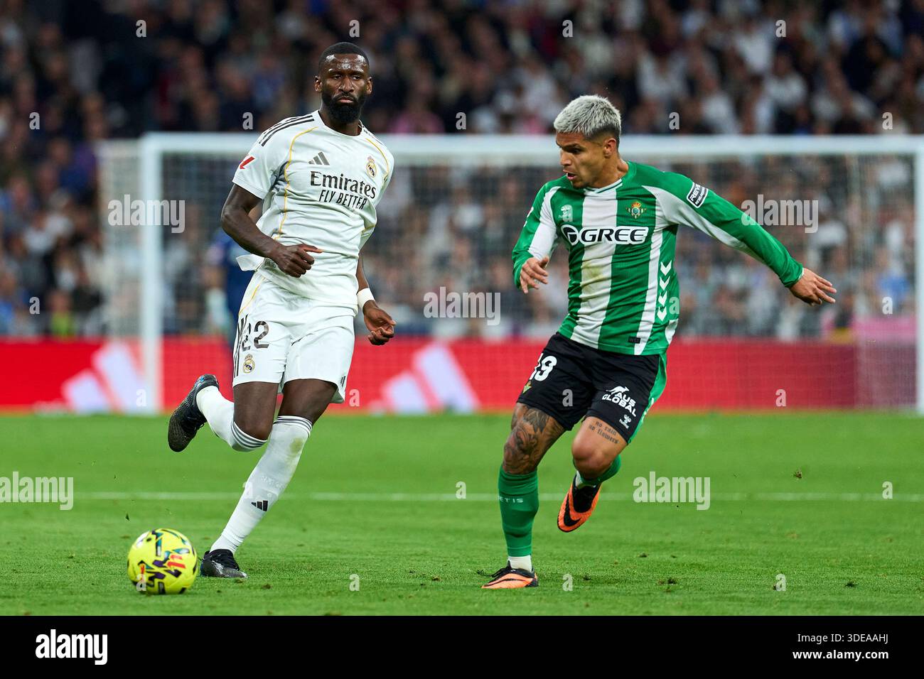 Madrid, Spanien. Januar 2026. Cucho Hernandez von Real Betis Balompie kämpft um den Ball mit Antonio Rudiger von Real Madrid CF während des La Liga EA Sport Matches zwischen Real Madrid CF und Real Betis Balompie am 4. Januar 2026 im Bernabeu Stadion. - 04/01/2026 - Spanien/Madrid/Madrid - LGM/Le Pictorium Credit: LE PICTORIUM/Alamy Live News Stockfoto