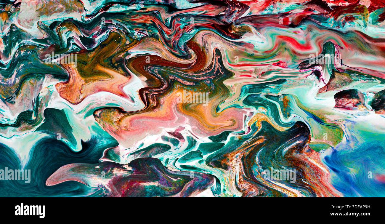 Ein dynamisches, kaleidoskopisches abstraktes Bild mit wirbelnden Blenden aus Türkis, Rosa, Kupfer und Smaragd. Stockfoto