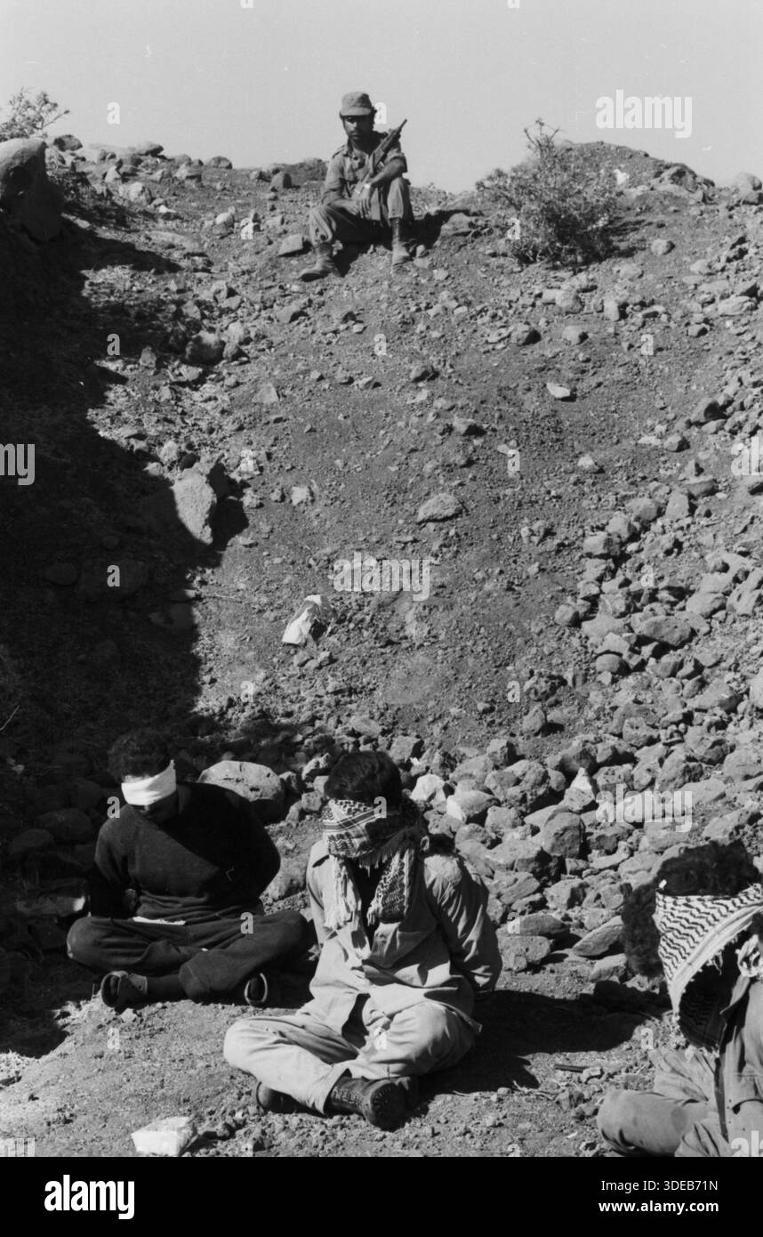 Ein israelischer Soldat mit Gewehr sichert während des Jom-Kippur-Kriegs 1973 mehrere syrische Kriegsgefangene in einem felsigen Geländeabschnitt. Die gefesselten Männer sitzen mit verbundenen Augen auf dem Boden. Stockfoto