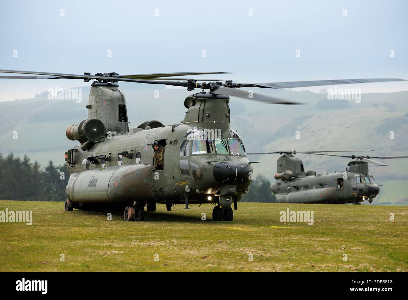 RAF CH-47 Chinooks über Trainingsübungen in Mittelwales Stockfoto