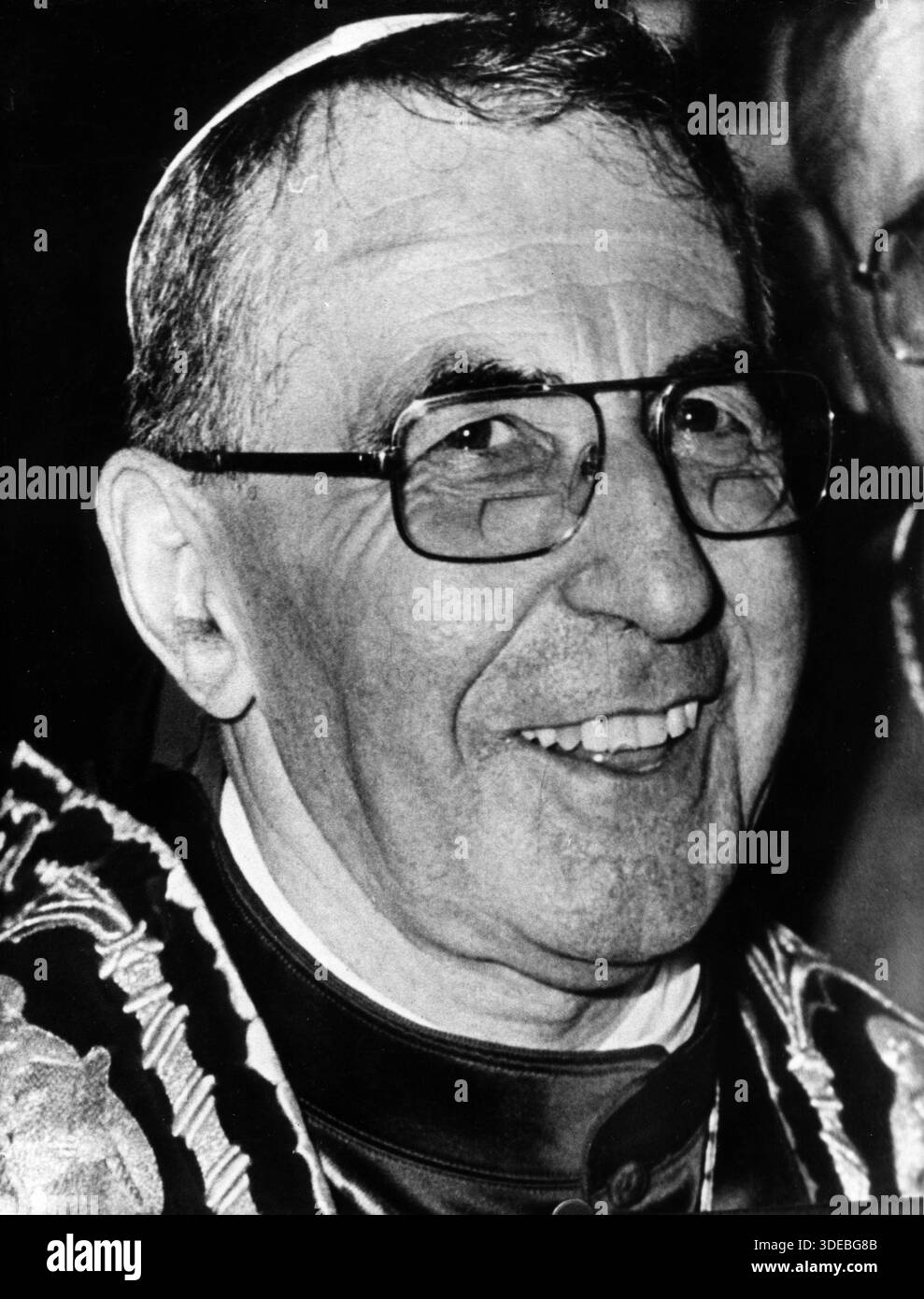Jahresrückblick 1978: Papst Paul Johannes I. lächelt in einem Nahporträt und trägt ein reich verziertes liturgisches Gewand. Er war gestorben nach einem der kürzasten Pontifikate in der Geschichte der Katholischen Kirche. Italien, 1970er. Stockfoto