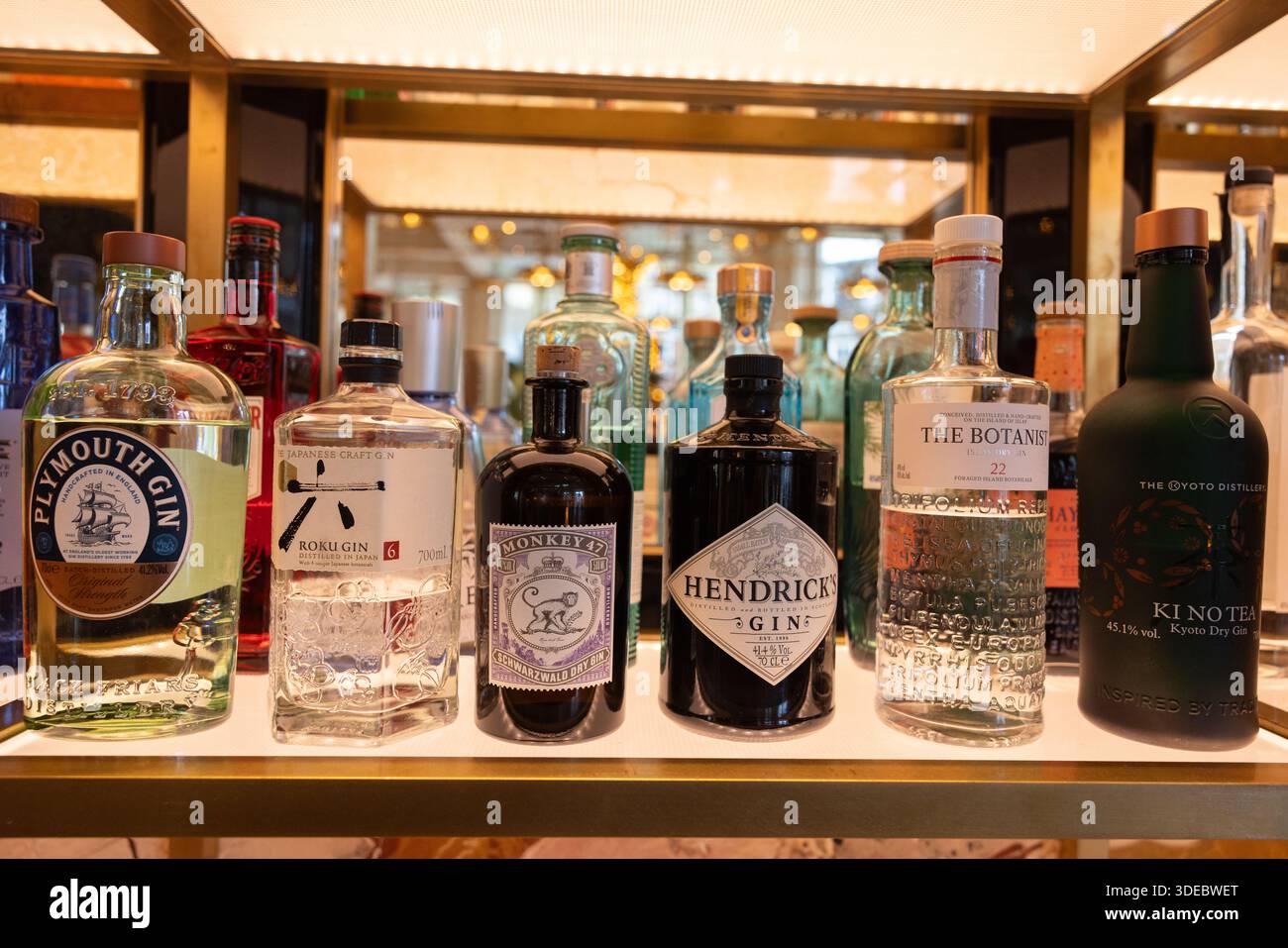Eine kuratierte Kollektion von hochwertigen handwerklichen und kleinen Gin-Flaschen, elegant auf einem Barregal ausgestellt. Stockfoto
