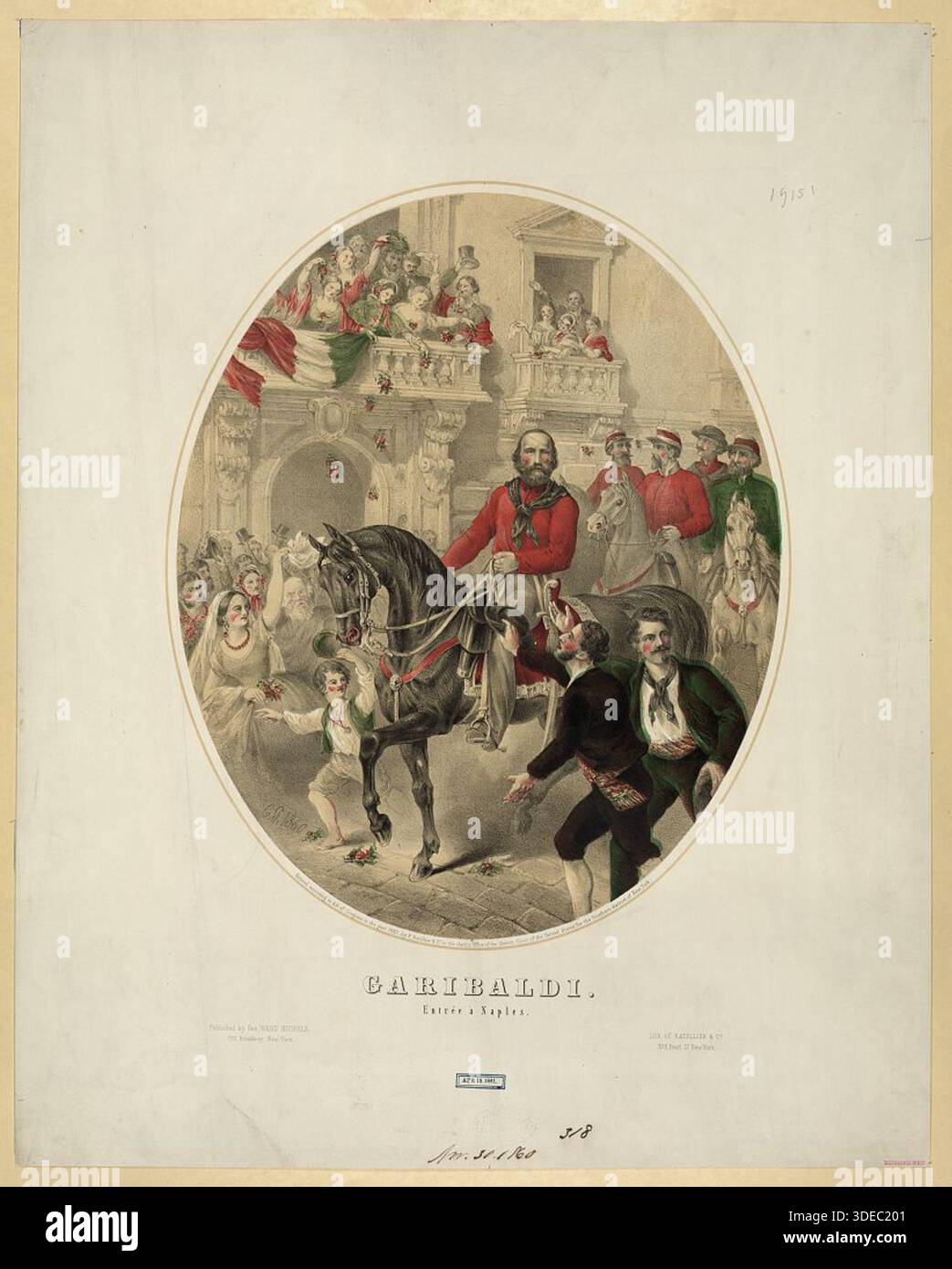 Giuseppe Garibaldi wird 1860 auf dem Pferderücken in Neapel gezeigt, während die Menschenmassen von den Straßen und Balkonen aus jubeln, was die italienische Einigungskampagne während der Risorgimento-Zeit veranschaulicht. Stockfoto