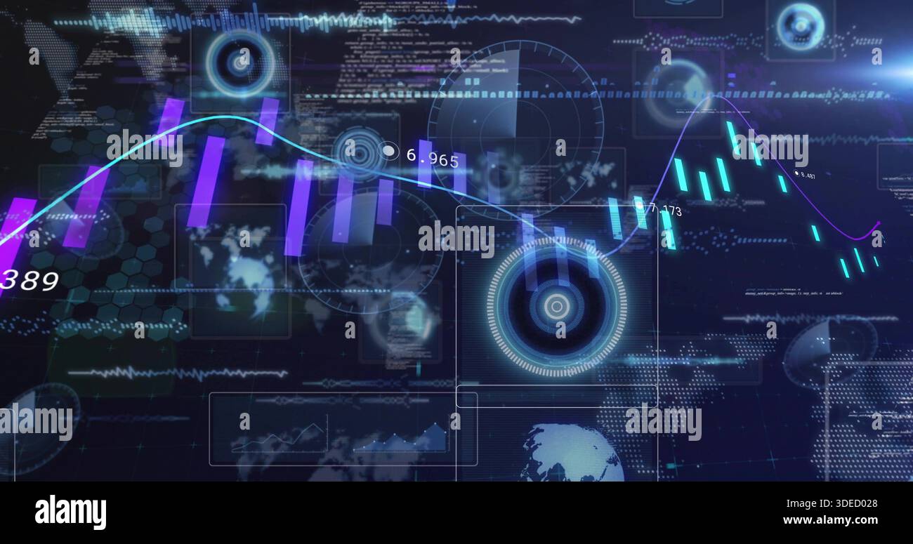 Zeigt Hologramm-Strichstreaming auf virtuellem Bildschirm mit blaublauer Linie, lila Balken, cyanfarbenen Kerzenleuchtern Stockfoto