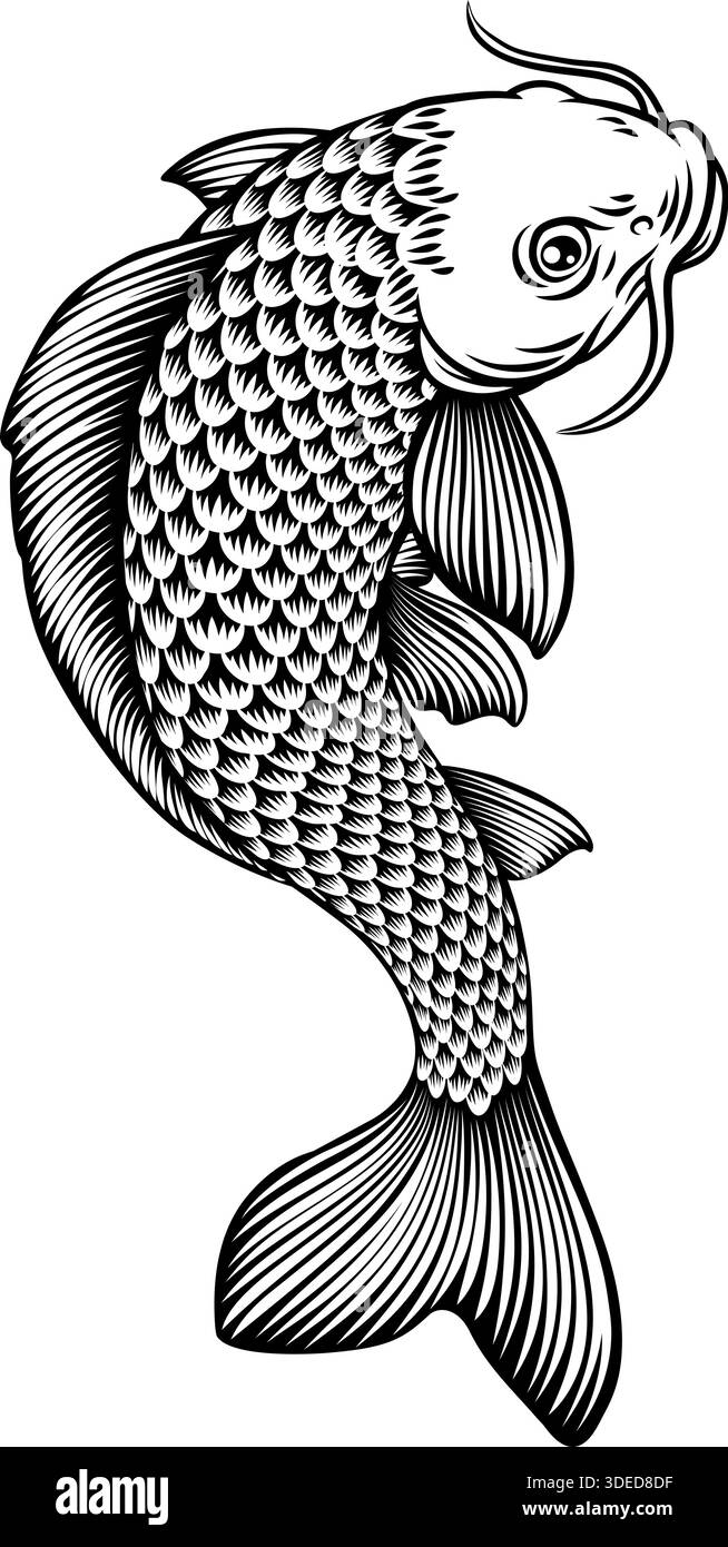 Koi Karpfenfisch Vintage Japanische Holzschnitt-Kunst Stock Vektor