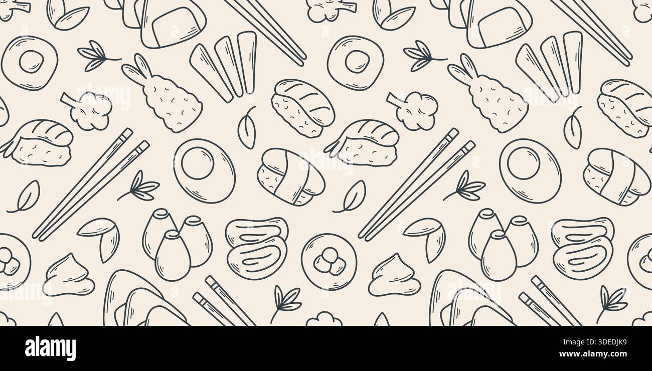 Nahtloses Muster mit Sushi, Sashimi, Tempura und Maki. Hintergrund mit handgezeichneten Elementen der japanischen Küche. Asiatisches Street Food, Café und Restaurant Stock Vektor
