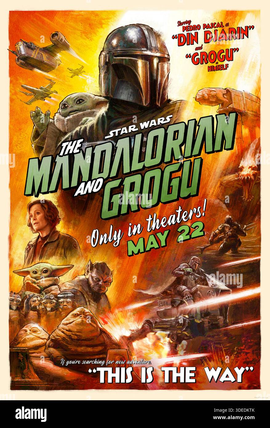 Star Wars: The Mandalorian and Grogu (2026) von Jon Favreau mit Pedro Pascal, Sigourney Weaver und Jeremy Allen White. Die neue Republik rekrutiert den mandalorianischen Kopfgeldjäger DIN Djarin und seinen jungen Lehrling Grogu, um sich nach dem Fall des Reiches den zerstreuten imperialen Kriegsherren zu stellen. NUR ZUR REDAKTIONELLEN VERWENDUNG des US-Advance-Posters. Quelle: BFA / Walt Disney Studios Motion Pictures Stockfoto