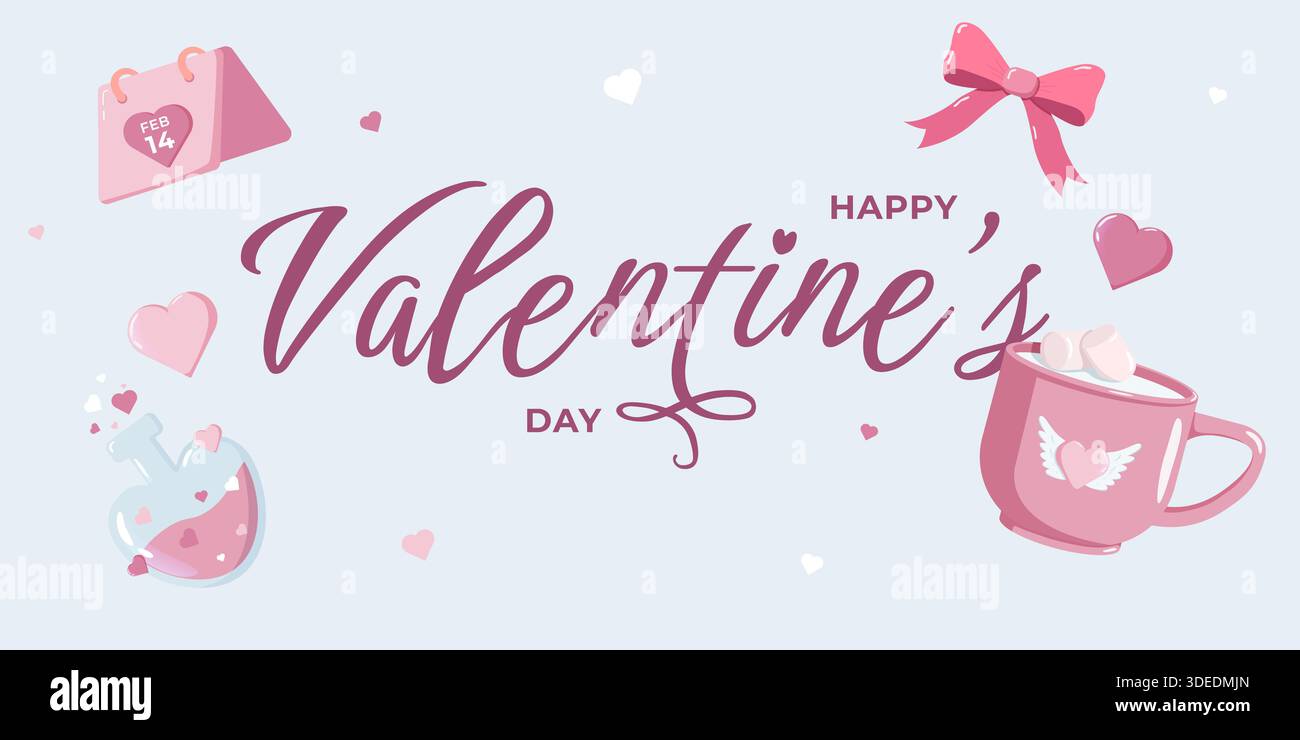 Valentinstag Illustration mit Happy Valentine's Day Text, FEB 14 Kalender, Becher Marshmallows, Schleife und Liebestrank in Pastellstil. Süßes romantisches Desi Stockfoto