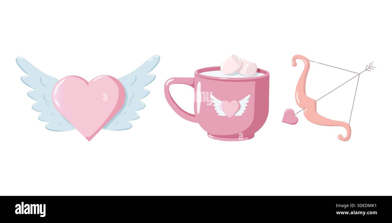 Valentinstag Illustration mit geflügeltem Herz, rosa Becher mit Marshmallows und Cupid Pfeil in Pastellstil. Süßes romantisches Design für Karten, Dekor und Einladung Stockfoto