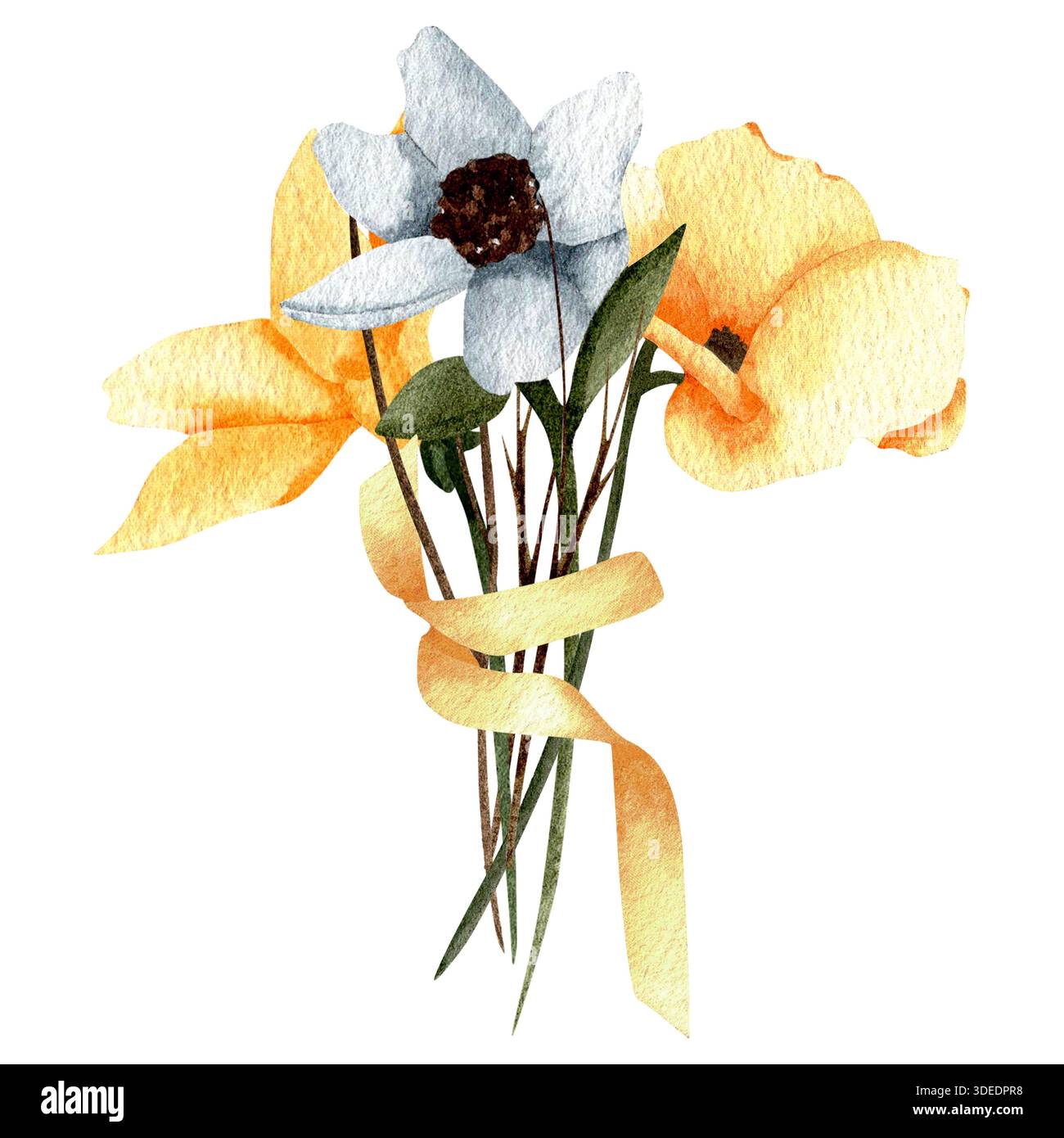 Ein Aquarellstrauß aus blauen und gelben Wildblumen, gebunden mit einem gelben Band. Eine botanische Illustration von Wildblumen in zarten Tönen, perfekt für Stockfoto