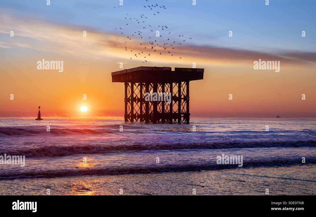 Vögel fliegen vom Offshore-Kühlturm für das Kernkraftwerk Sizewell in der Nähe des neuen Kraftwerks Sizewell C. Stockfoto