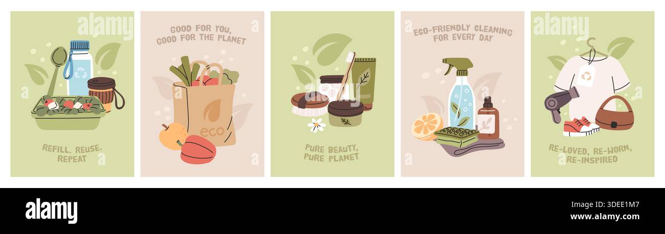 Umweltfreundliche Lifestyle-Produkte. Mehrzweckverpackungen, Naturkosmetik, Recyclingmaterialien, Umweltschutz, umweltfreundliche Reinigung, verantwortungsbewusstes Geschäft Stock Vektor