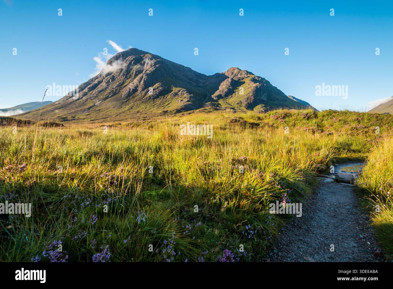Sonnenaufgang in Buchaille Etive Mor an einem klaren blauen Tag, Glencoe, Schottland, August 2016 Stockfoto