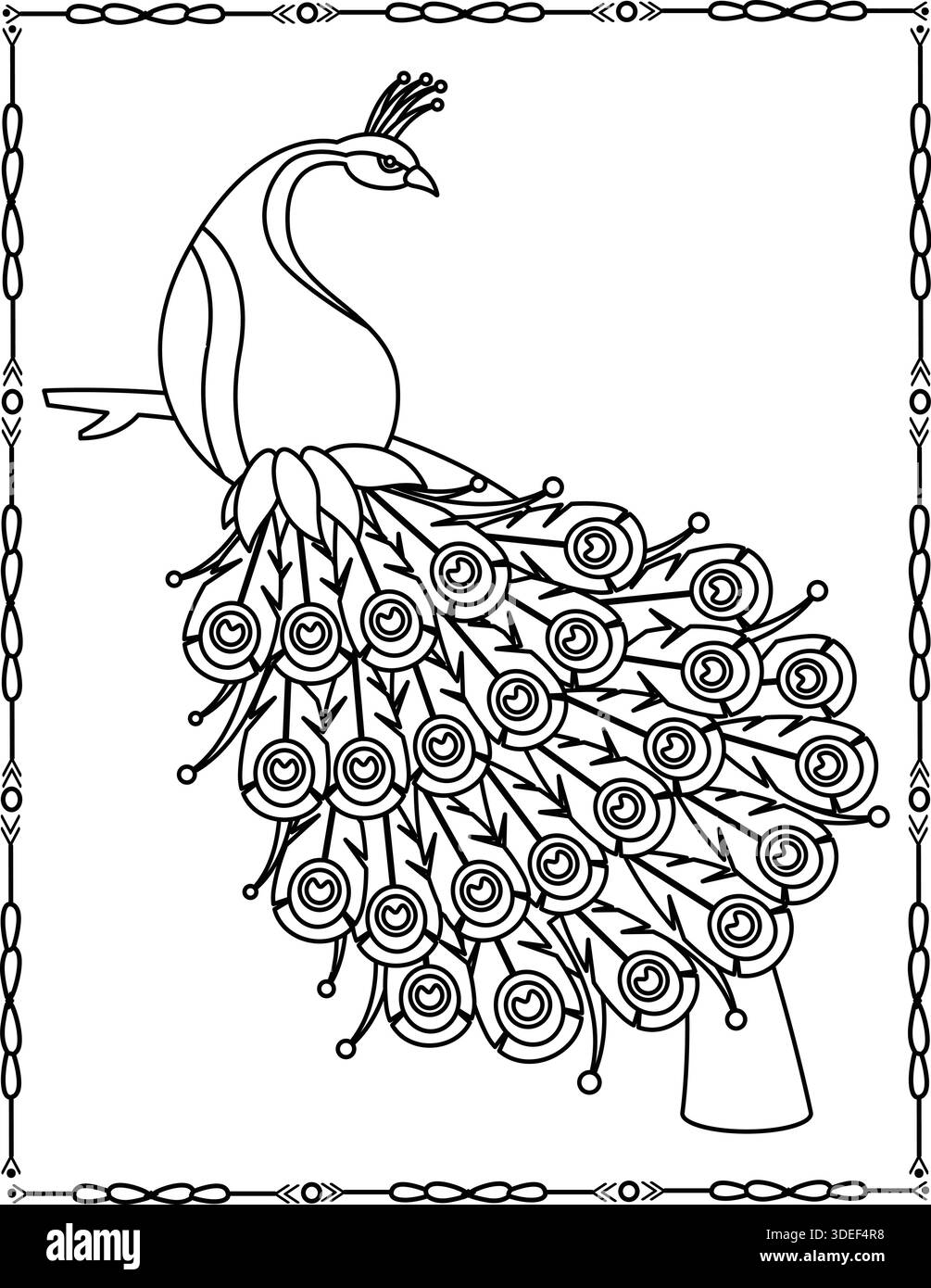 Majestic Peacock Malpage. Elegante Ausmalseite Mit Federn Für Kinder. Stock Vektor