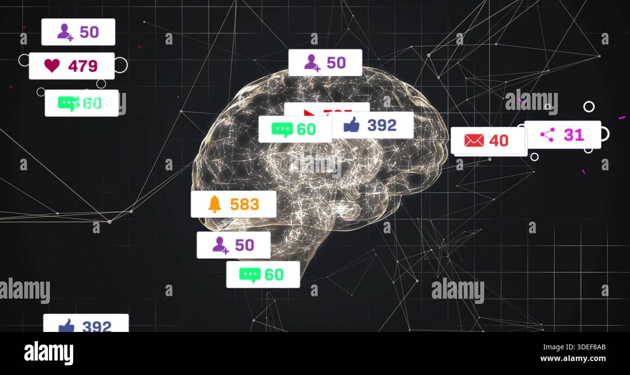 Anzeigen von leuchtenden Drahtmodellpulsen mit verknüpften Knoten in virtuellem Netz, Anzeigen von Warnschildern Stockfoto