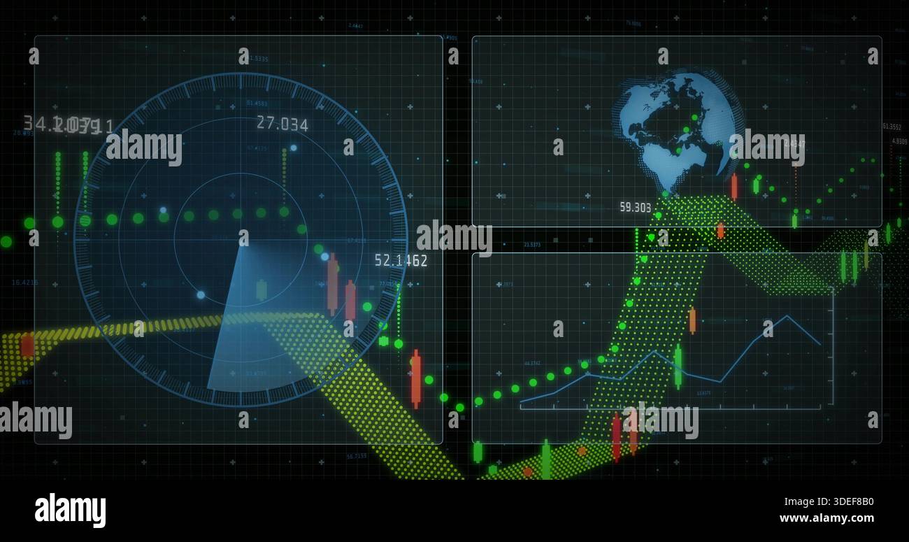 Anzeige des digitalen Finanzinstruments auf dunklem Raster, Anzeige des Radardiagramms und des Trendbands für Kerzenhalter Stockfoto