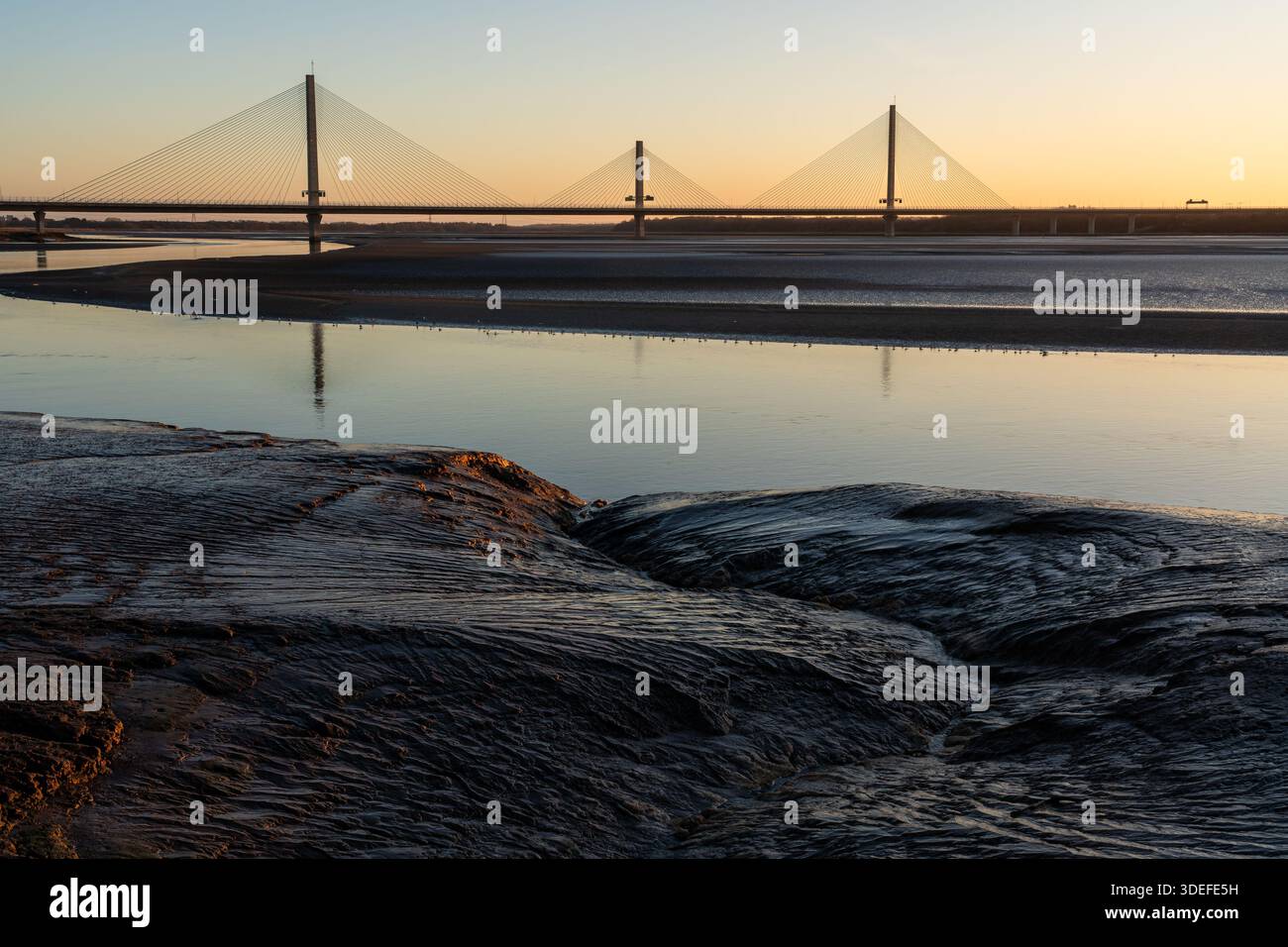 Mersey Gateway Bridge überspannt den Fluss Mersey bei Ebbe bei Sonnenaufgang mit freiliegendem Schlamm Stockfoto
