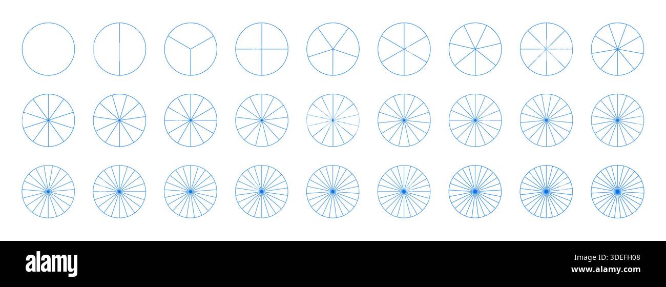 Tortendiagramm-Vorlage. Diagramm Radteile von 1 bis 27. Segmentierte Diagramme. Viele Sektoren teilen den Kreis auf gleiche Teile. Blaue Grafiken umreißen Stock Vektor