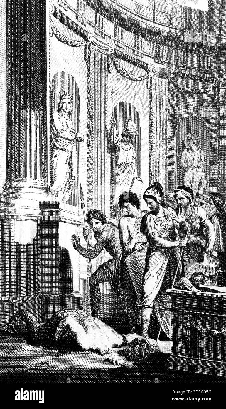 Illustration von Dagon, dem Idol der Philister, der vor der Arche Gottes im Tempel der Stadt Aschdod fällt, aus dem antiken 18. Jahrhundert der Genu Stockfoto