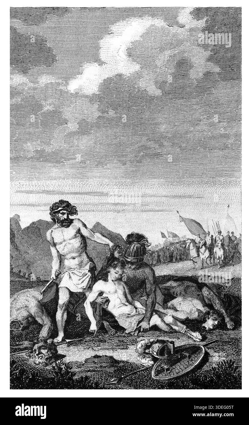 Illustration der Philister, die die Häupter von Saul und seinen Söhnen zerschnitten, nachdem sie ihre Armee in der Nähe des Mount Gilboa (Samuel) aus der Antike 18t besiegt hatten Stockfoto