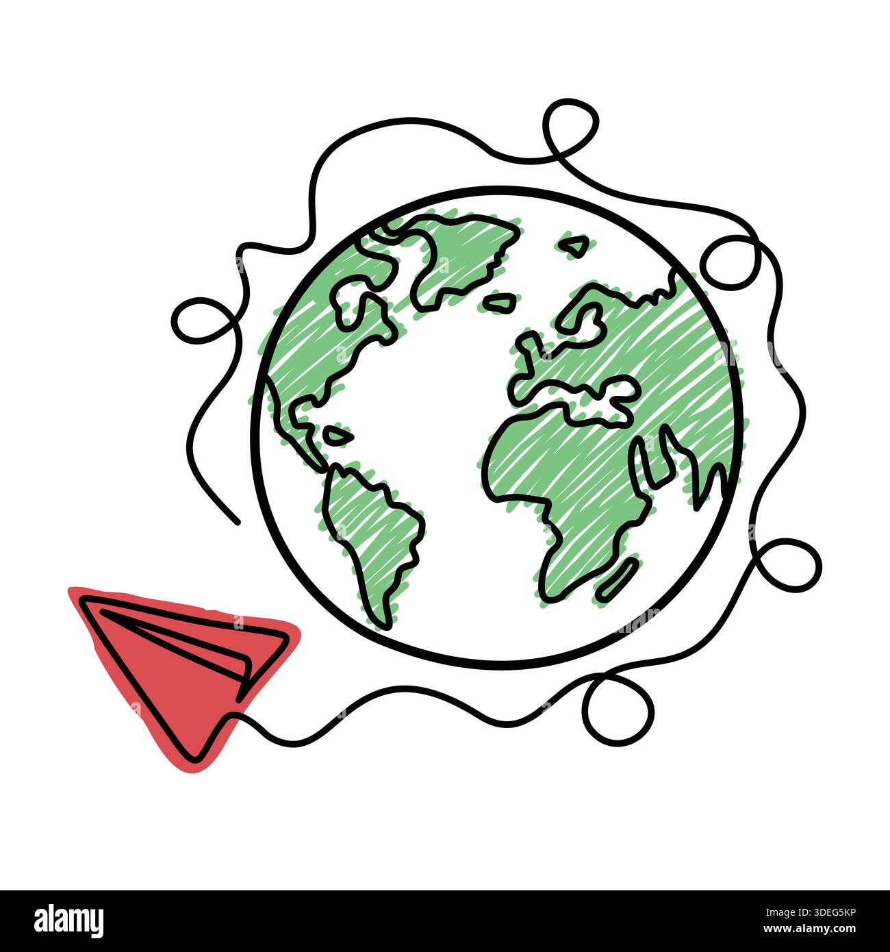Handgezeichnete Illustration eines Globus mit einem Papierflugzeug Stock Vektor
