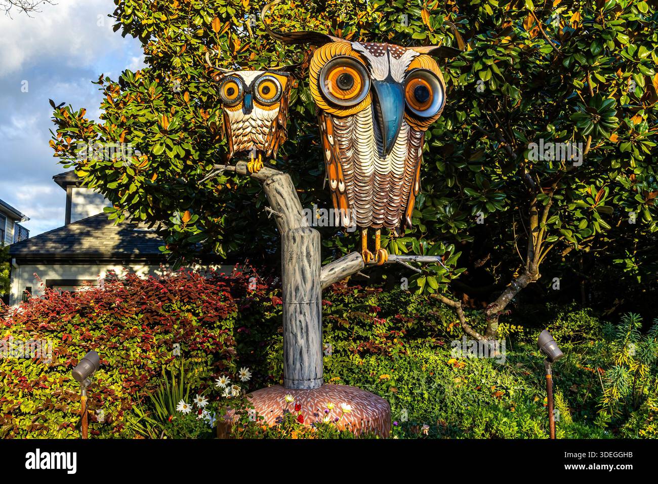 Junk Art von Patrick Amiot in Sebastopol, Kalifornien. Skulptur von Eulen aus wiedergewonnenem Altmetall, einschließlich Apfel-Dosendeckel, skurrile Volkskunst Stockfoto