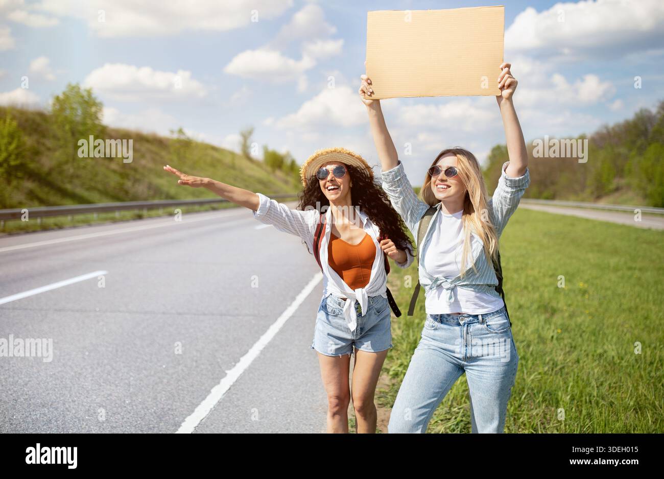 Zwei Freundinnen hitchen freie Fahrt, halten leeres Pappschild mit Mockup, halten Auto am Straßenrand, kopieren Raum Stockfoto