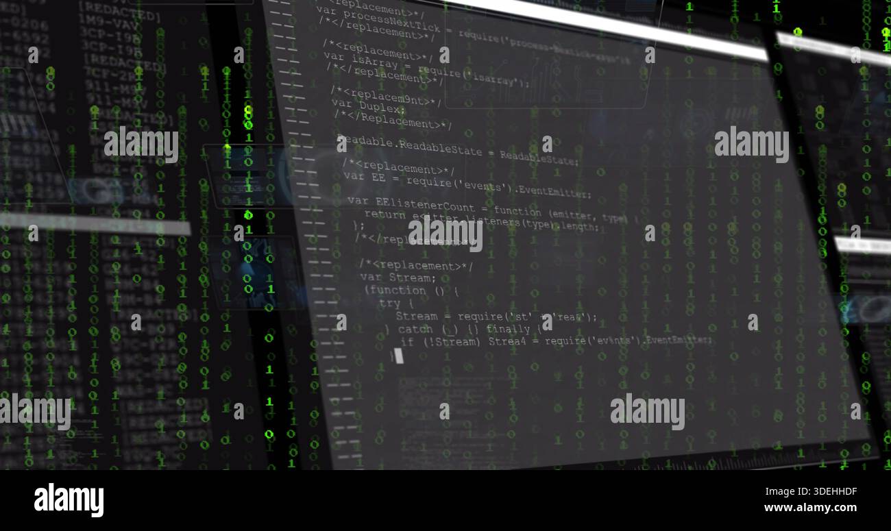 Anzeige des primären Hochglanzmonitors mit Quellcode auf dunklem Schreibtisch, mit grüner Ziffernüberlagerung Stockfoto