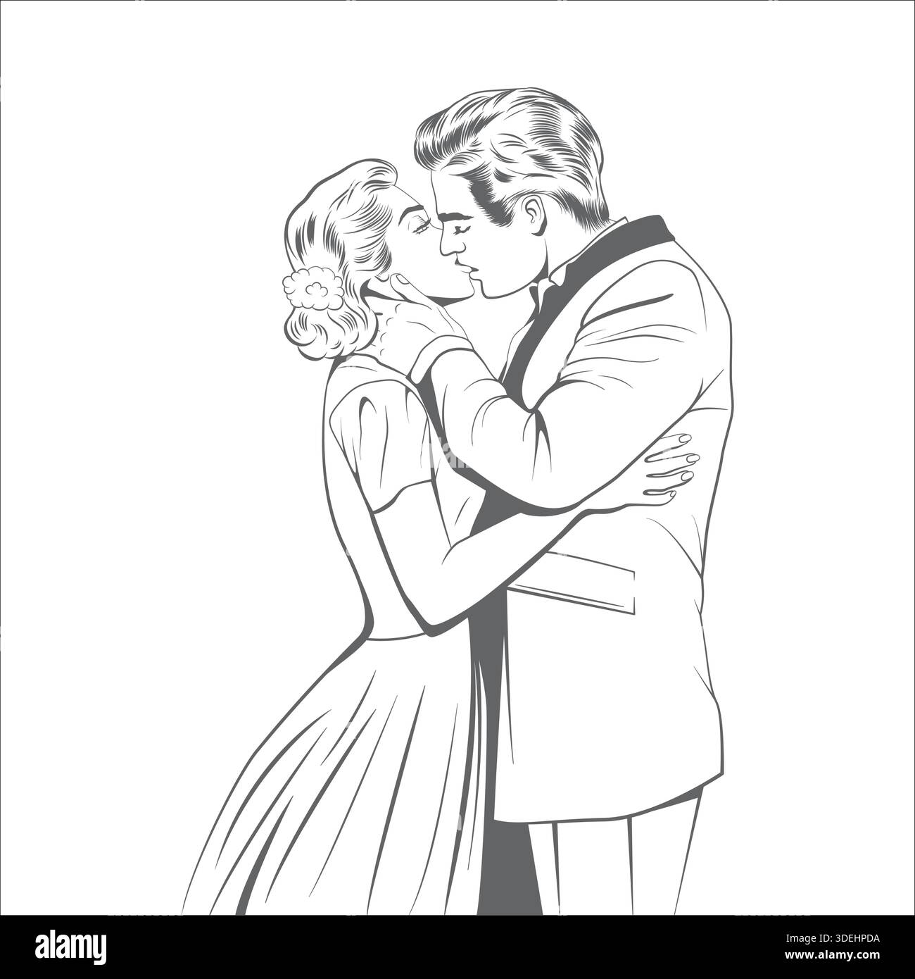 Romantische Paare tanzen und küssen Line Art Illustration. Elegante Skizze zum ersten Tanz der Braut und des Bräutigams. Hochzeitsliebezeichnung für Einladungen Stock Vektor