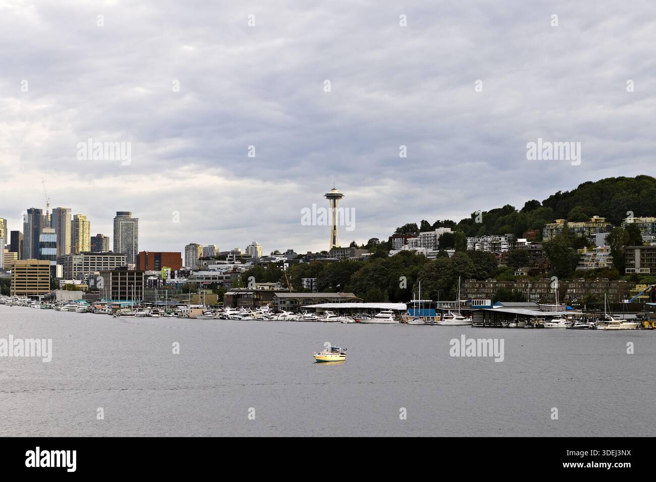 Die Skyline von Seattle und die Space Needle ragen über den Lake Union hinaus Stockfoto