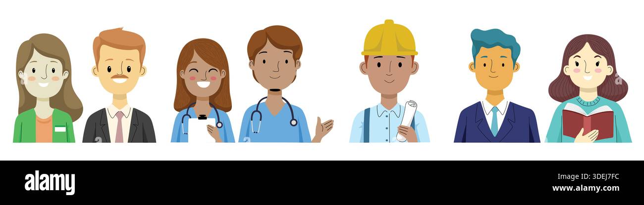 Verschiedene Karikaturprofis und Arbeitergruppen Illustration. Stock Vektor