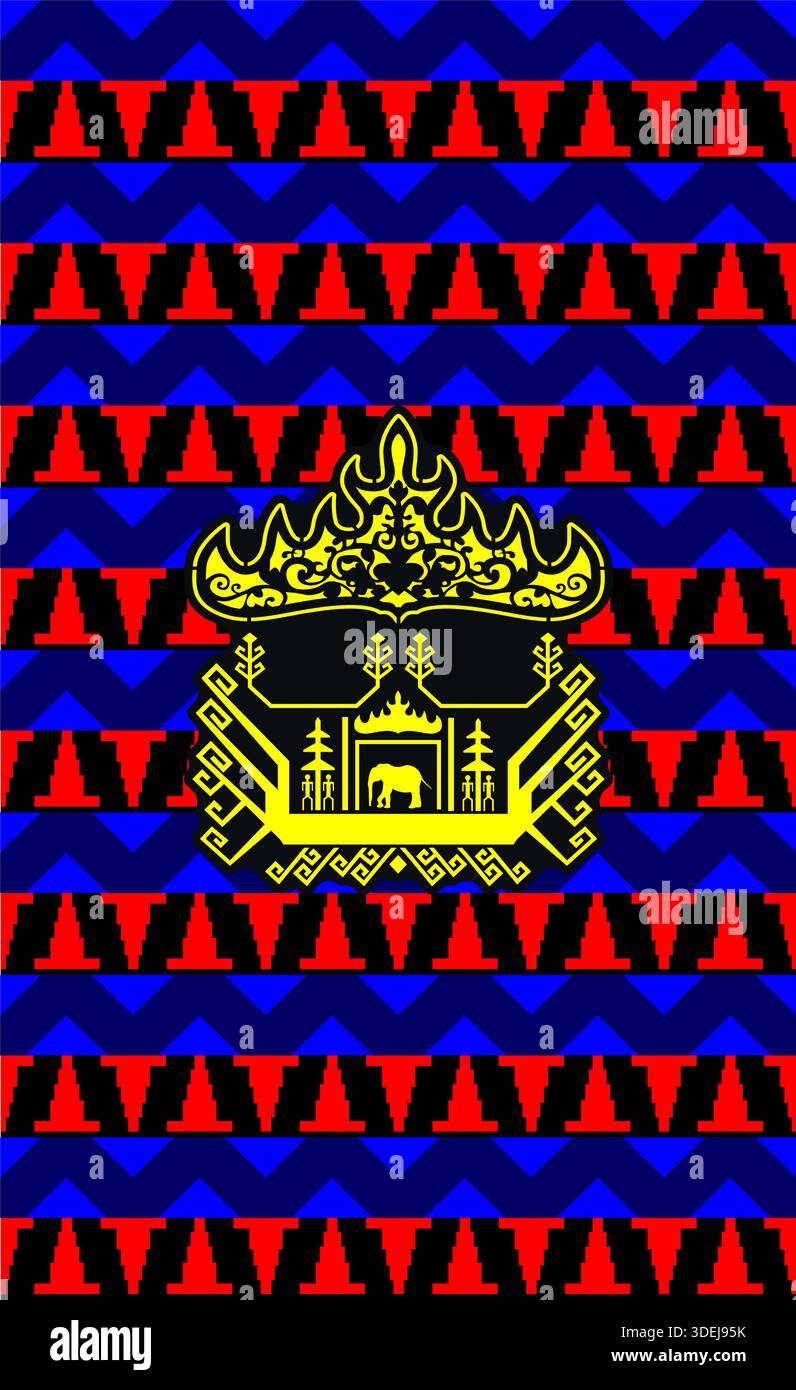 Tribal Geometric Art Poster. Rote, schwarze und blaue Zickzack-Webmuster mit einem zentralen gelben traditionellen Ornament Stock Vektor