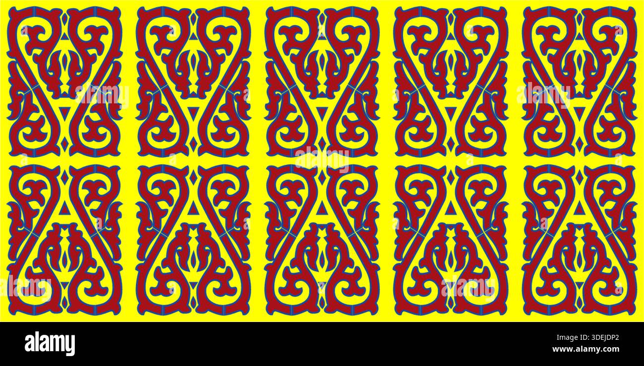 Abstrakte Tribal Ornament Textur. Rot-gelber dekorativer Hintergrund mit sich wiederholenden Wirbel- und Spiralelementen Stock Vektor
