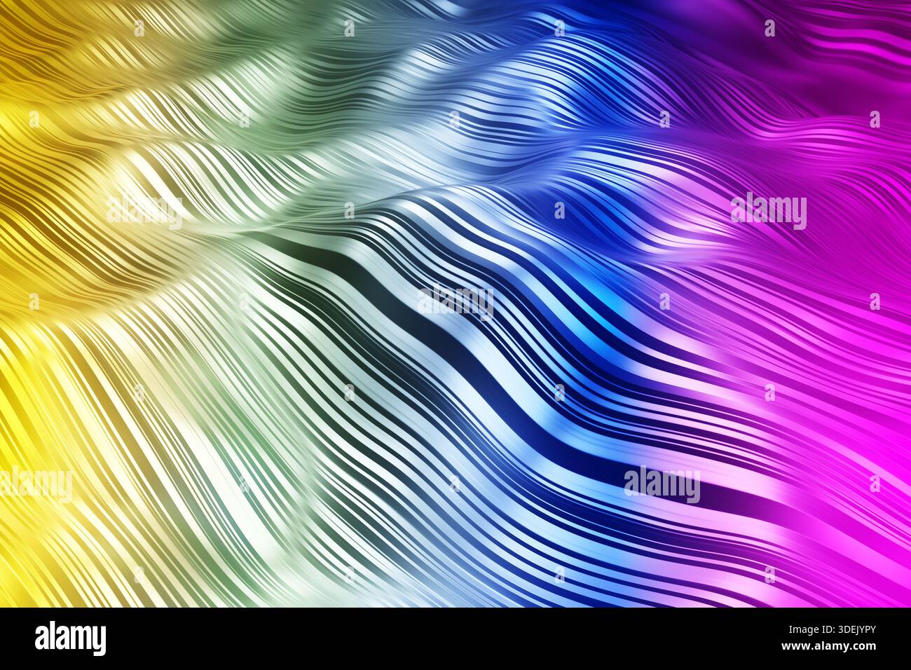 Abstrakter digitaler Hintergrund mit fließenden Wellen und leuchtenden Regenbogenfarben. Keine Personen anwesend. Modernes Design, das Kreativität, Energie und M vermittelt Stockfoto