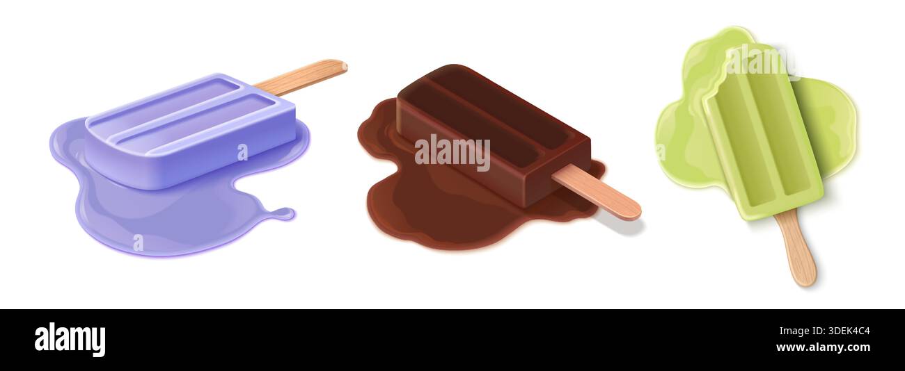 Schmelzendes Eis mit Schokolade, Pistazien oder fruchtigem Geschmack auf weiß. Realistische 3D-Illustration von Holzstab und tropfender Pfütze. Sommerdessert mit gefrorenem Leckerli, Flüssigspritzer Stock Vektor