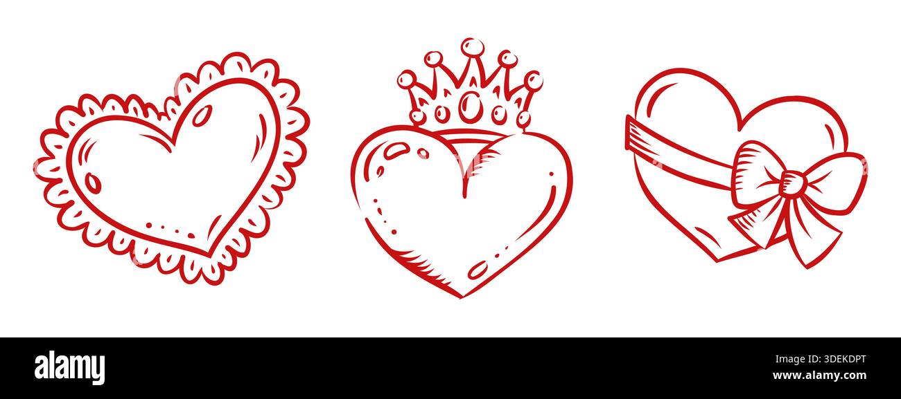Liebesset mit romantischen Herzsymbolen. Handgezeichnete Valentinskollektion. Vektor-isolierte Umrissdarstellung auf weißem Hintergrund Stock Vektor