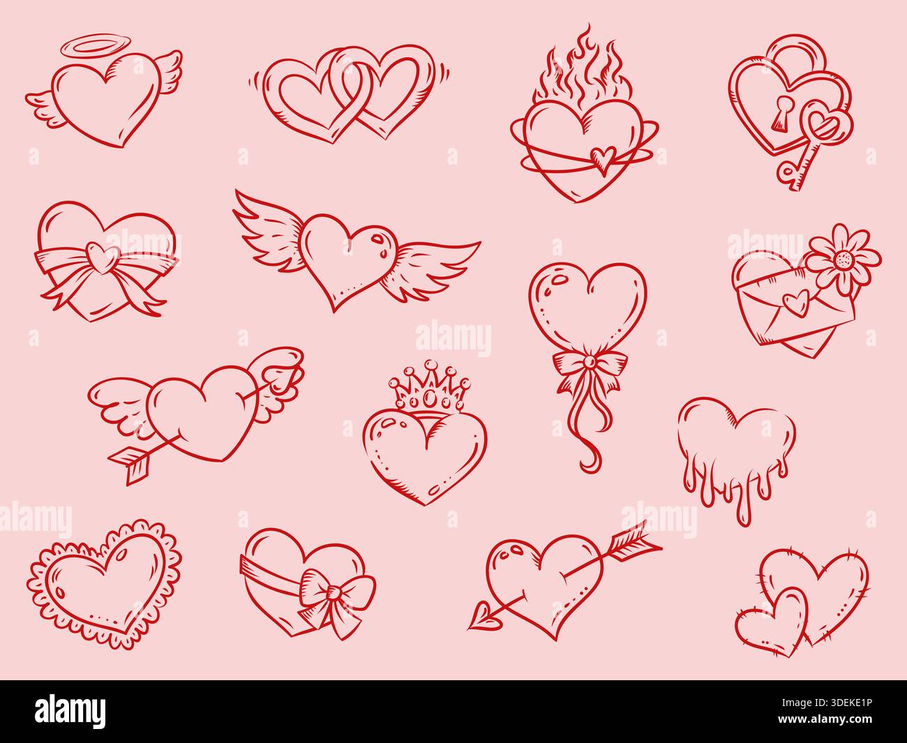 Großes romantisches Liebesset mit roten Herzen. Handgezeichnete Valentinssymbole. Vektorkontur isolierte Illustrationen Stock Vektor