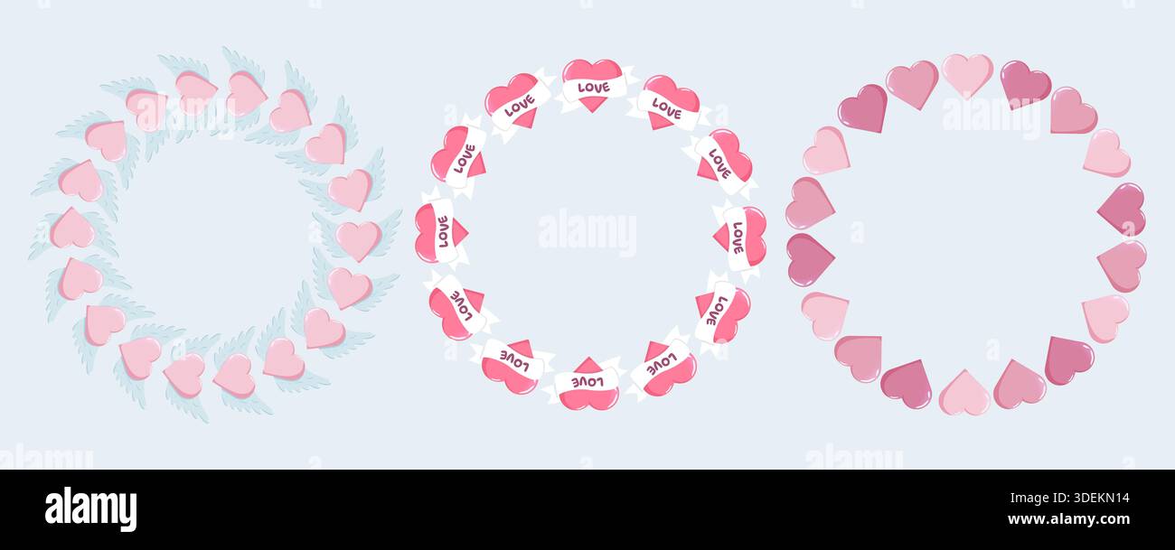 Set aus drei kreisförmigen Herzkränzen geflügelte Herzen, Herzen mit LIEBESBANNER und rosa-violette Herzen mit Farbverlauf. Perfekt für Valentinstag, romantisches DE Stockfoto