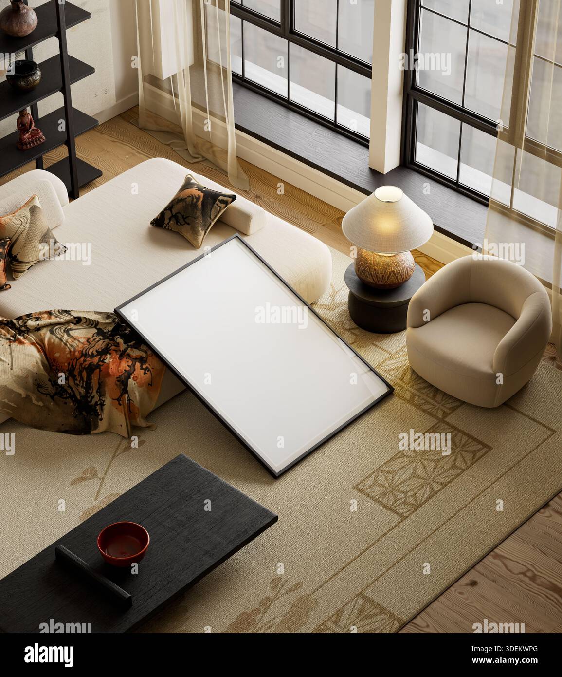 Starke Kontraste und organische Materialien zeichnen dieses auffällige japanische Interieur aus. Die minimalen Möbel und die nachgeahmten Details des Posterrahmens verstärken die Ruhe und doch die Ausstrahlung Stockfoto