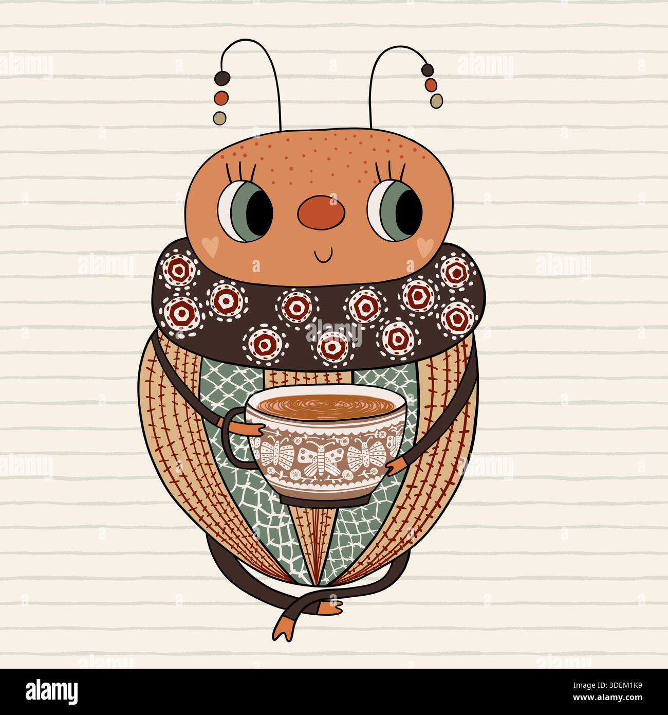 Niedliche handgezeichnete Insektenkreatur mit Kaffeetasse, lustiges Tierdesign für Kinder und Babys Stock Vektor