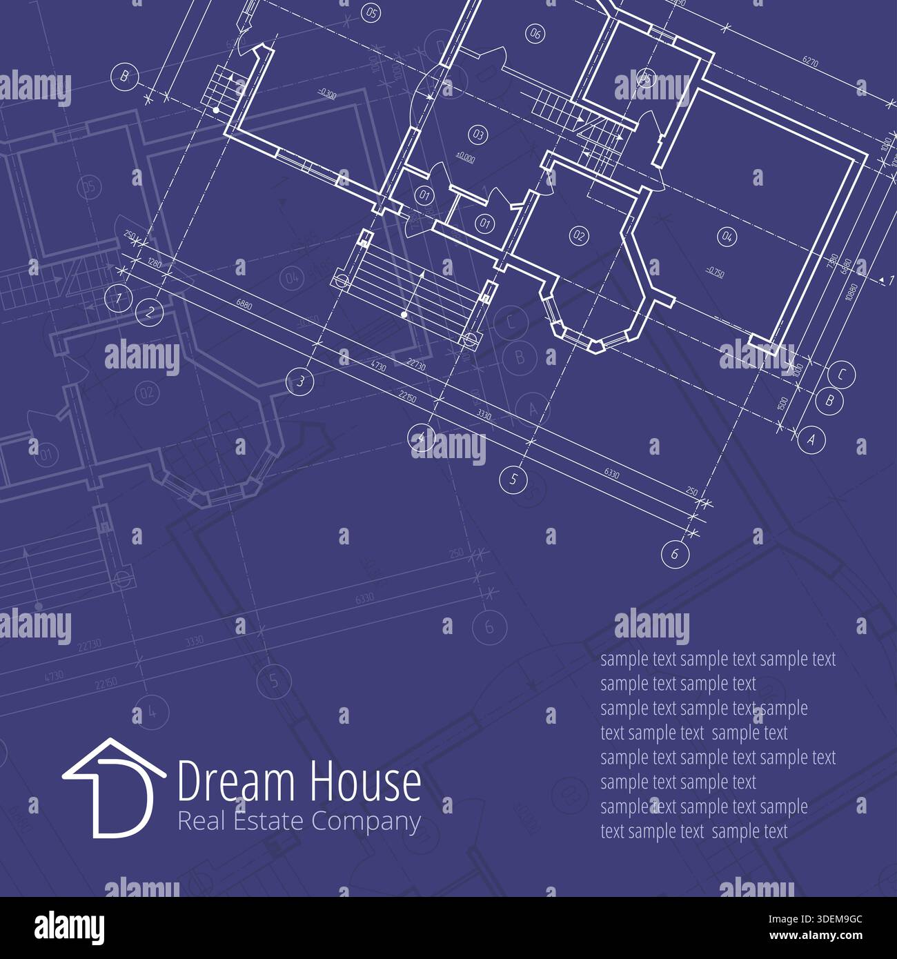 Hintergrund des Architekturvektors. Gebäudeplan-Silhouette auf blauem Hintergrund und D Dream House Immobilienfirma Logo, Architektur und Design Compa Stockfoto