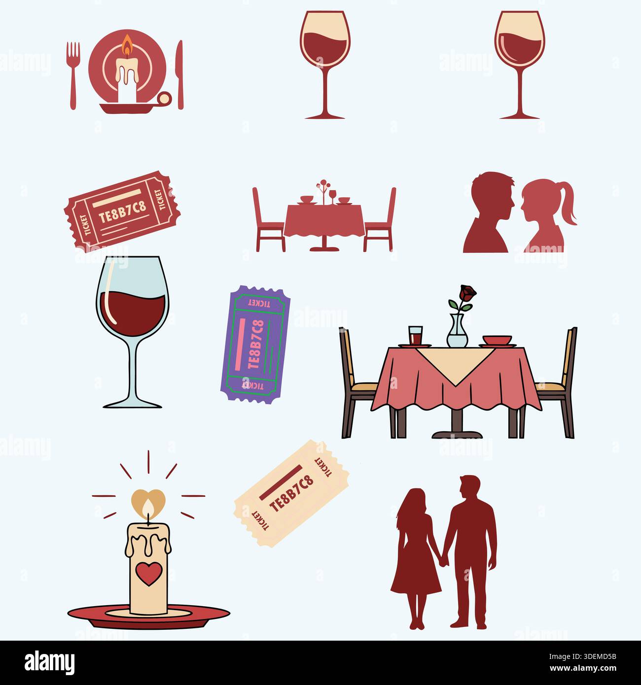 Valentinstag-Ikonen mit Candle Dinner Wein Glas Restaurant Tisch Filmkarte und Paar Silhouette im flachen Vektor-Stil Stock Vektor